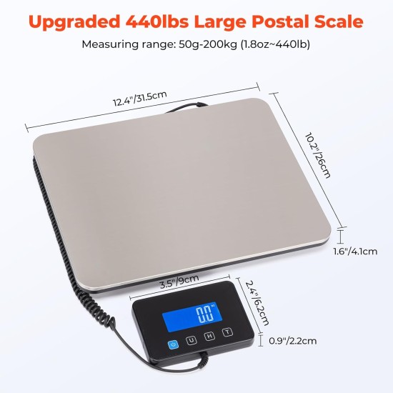 Postal Scales, 200kg/10g High Precision LCD Display Parcel Scales, Parcel Weighing Scales with Hold and Tare Function for Luggage, Package, Warehouse, 2 AAA Batteries and Charging Cable Included
