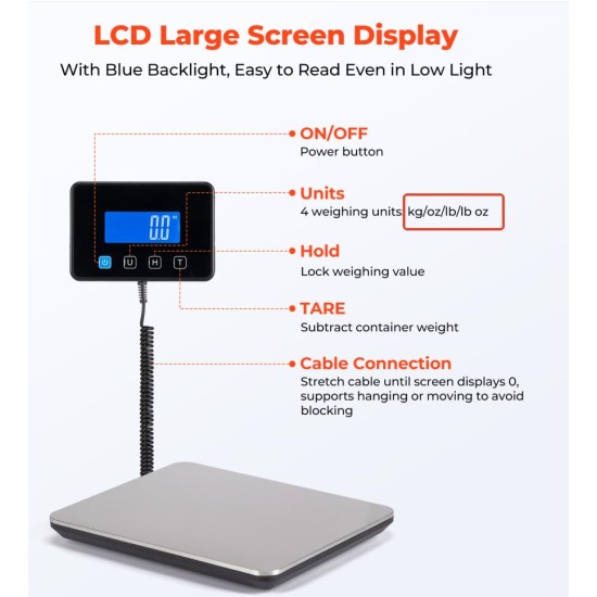 Postal Scales, 200kg/10g High Precision LCD Display Parcel Scales, Parcel Weighing Scales with Hold and Tare Function for Luggage, Package, Warehouse, 2 AAA Batteries and Charging Cable Included