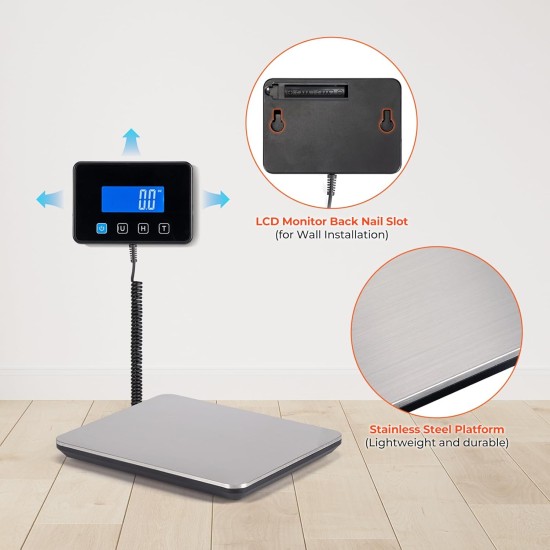 Postal Scales, 200kg/10g High Precision LCD Display Parcel Scales, Parcel Weighing Scales with Hold and Tare Function for Luggage, Package, Warehouse, 2 AAA Batteries and Charging Cable Included