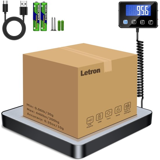 Postal Scales, 440lbs/0.35oz High Precision LCD Display Parcel Scales, Parcel Weighing Scales with Hold and Tare Function for Luggage, Package, Warehouse, 2 AAA Batteries and Charging Cable Included
