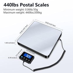Postal Scales, 440lbs/0.35oz High Precision LCD Display Parcel Scales, Parcel Weighing Scales with Hold and Tare Function for Luggage, Package, Warehouse, 2 AAA Batteries and Charging Cable Included