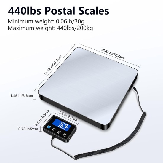 Postal Scales, 440lbs/0.35oz High Precision LCD Display Parcel Scales, Parcel Weighing Scales with Hold and Tare Function for Luggage, Package, Warehouse, 2 AAA Batteries and Charging Cable Included