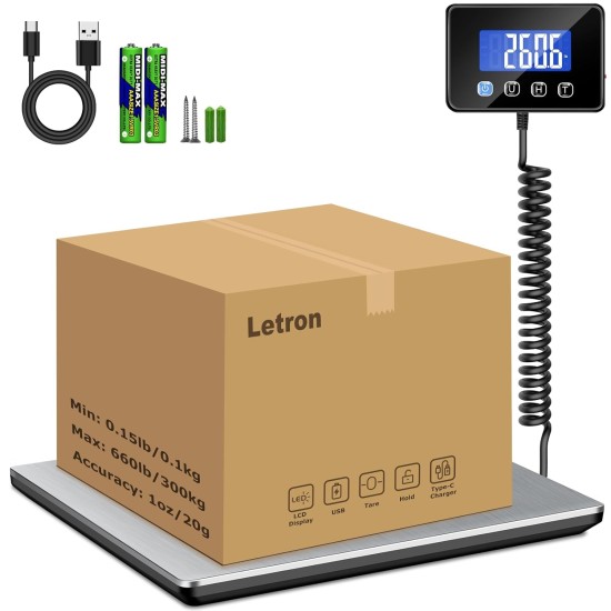 Postal Scales, 660lb/1oz High Precision LCD Display Parcel Scales, Parcel Weighing Scales with Hold and Tare Function for Luggage, Package, Warehouse, 2 AAA Batteries and Charging Cable Included