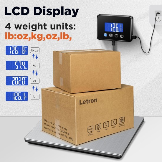 Postal Scales, 660lb/1oz High Precision LCD Display Parcel Scales, Parcel Weighing Scales with Hold and Tare Function for Luggage, Package, Warehouse, 2 AAA Batteries and Charging Cable Included