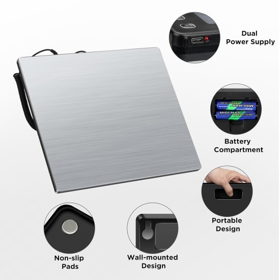 Postal Scales, 660lb/1oz High Precision LCD Display Parcel Scales, Parcel Weighing Scales with Hold and Tare Function for Luggage, Package, Warehouse, 2 AAA Batteries and Charging Cable Included