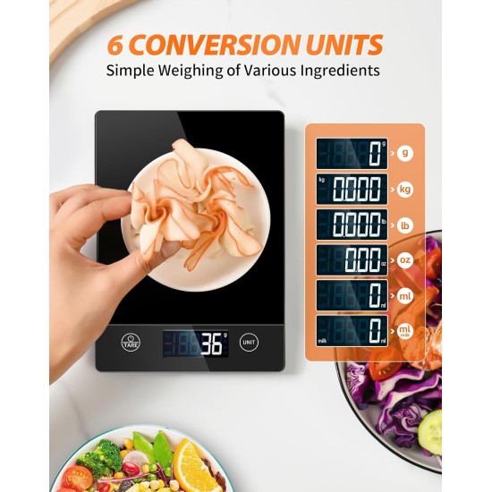 Digital Kitchen Scale, 10kg Stylish Glass Food Scale with Touch Button Operation, 1g High Accuracy and Tare Function, Ideal for Home and Culinary Use, Black (Batteries Included)