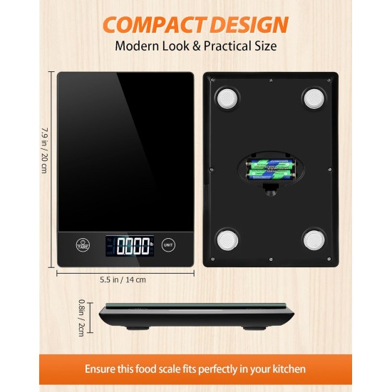 Digital Kitchen Scale, 10kg Stylish Glass Food Scale with Touch Button Operation, 1g High Accuracy and Tare Function, Ideal for Home and Culinary Use, Black (Batteries Included)