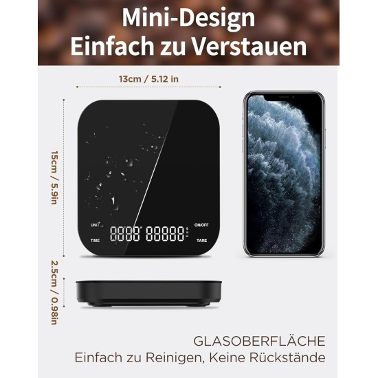 Coffee Scale With Timer, Mini Coffee Scale 3000g/0.1g Espresso Scale With Led Display, Rechargeable Precision Scale, Coffee Scale, Portable Digital Kitchen Scale For Espresso And Pour-Over, Touch Button, Tare Function, Usb-C