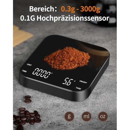 Coffee Scale With Timer, Mini Coffee Scale 3000g/0.1g Espresso Scale With Led Display, Rechargeable Precision Scale, Coffee Scale, Portable Digital Kitchen Scale For Espresso And Pour-Over, Touch Button, Tare Function, Usb-C