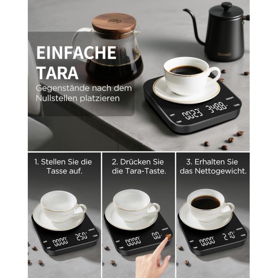Coffee Scale With Timer, Mini Coffee Scale 3000g/0.1g Espresso Scale With Led Display, Rechargeable Precision Scale, Coffee Scale, Portable Digital Kitchen Scale For Espresso And Pour-Over, Touch Button, Tare Function, Usb-C