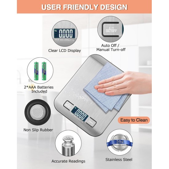 Digital kitchen scale, 10 kg kitchen scale with LCD display and tare function, kitchen scale for baking and cooking, measuring ingredients, jewelry, etc., 1 g