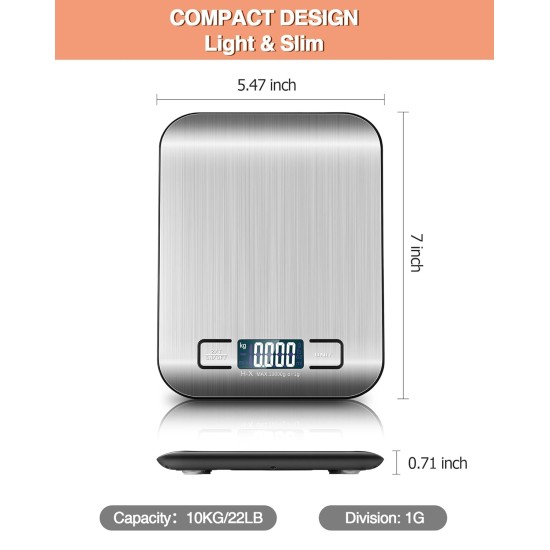 Digital kitchen scale, 10 kg kitchen scale with LCD display and tare function, kitchen scale for baking and cooking, measuring ingredients, jewelry, etc., 1 g